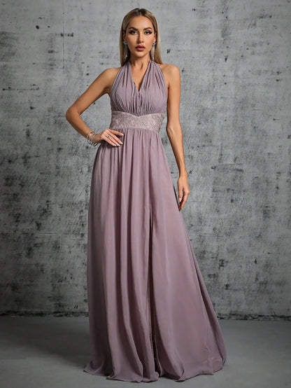 Elegant Dresses - Flowing Lavender Halter Dress for Formal Occasions Evening Gown