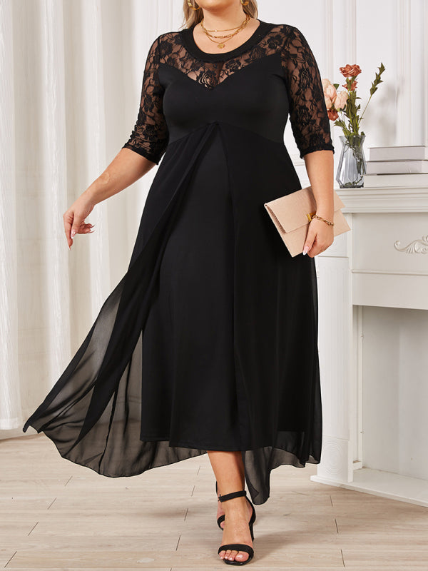 Elegant Dresses- Flowy Chiffon Midi Dress for Evening Celebrations- Black- IndioGear Women Clothing