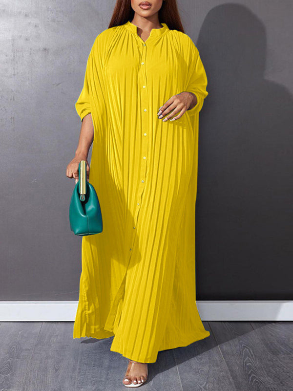 Elegant Dresses- Flowy Pleated Maxi Dress Tunic for Church Services- Yellow- IndioGear Women Clothing