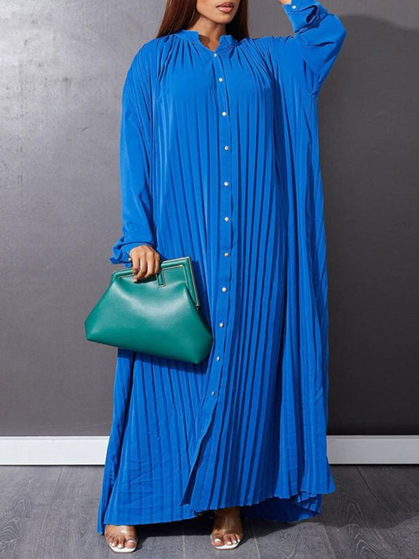 Elegant Dresses- Flowy Pleated Maxi Dress Tunic for Church Services- Blue- IndioGear Women Clothing