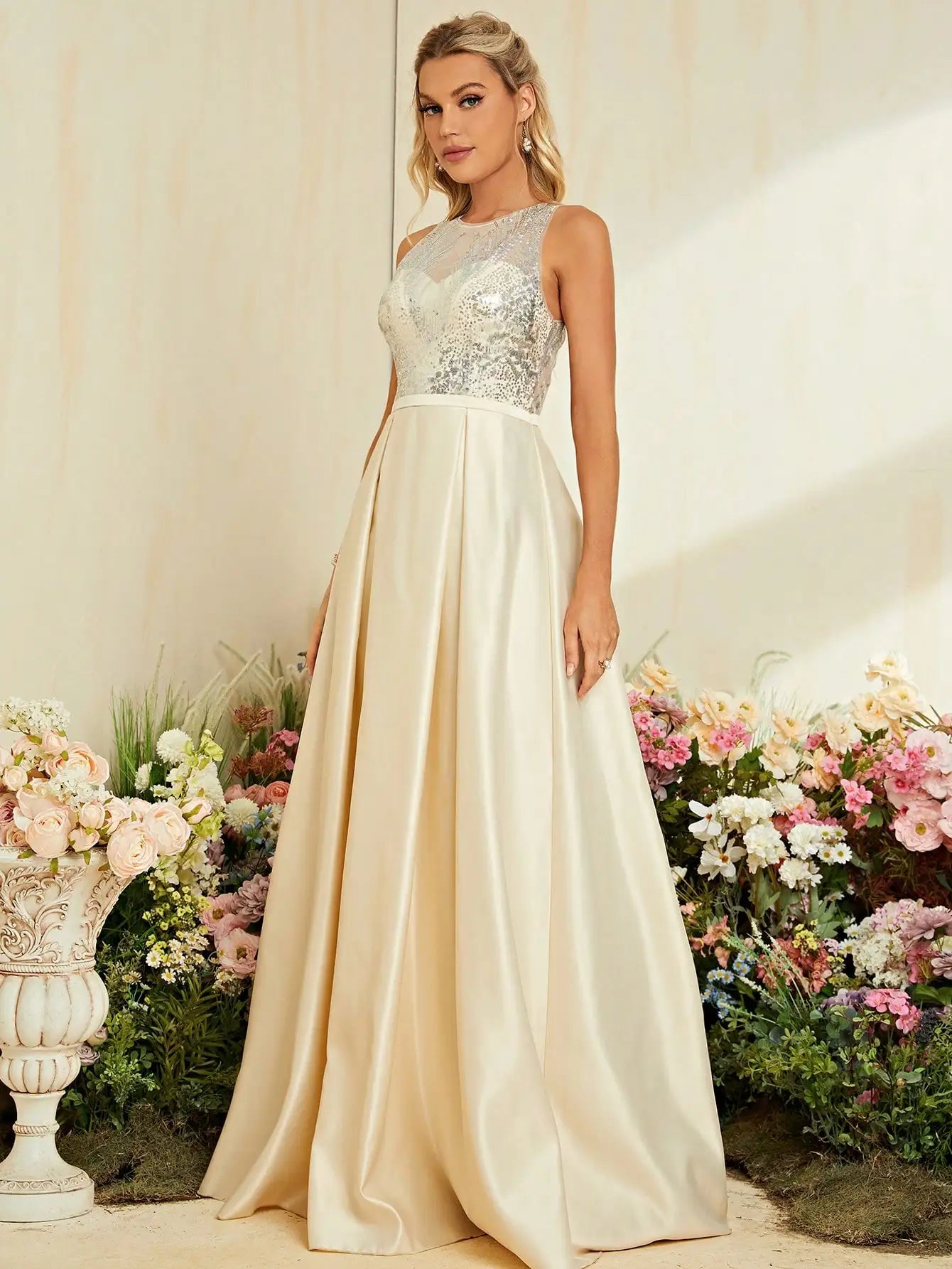 Elegant Dresses - Formal Ivory Dress for Opera Evenings Sequined Gown