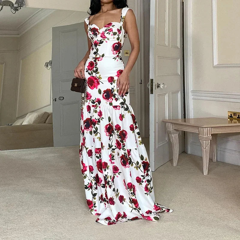 Elegant Dresses- Garden Wedding Floral Maxi Dress- white- IndioGear.com