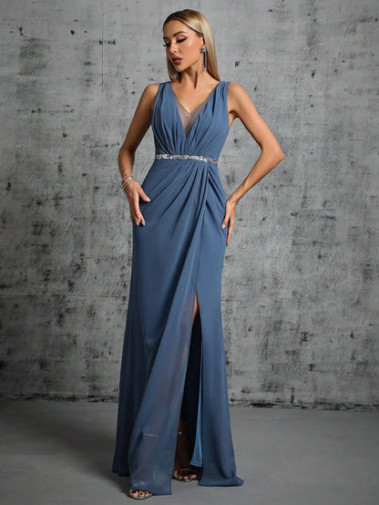 Elegant Dresses - Grecian Draped V-Neck Evening Gown with Rhinestone Belt for Prom