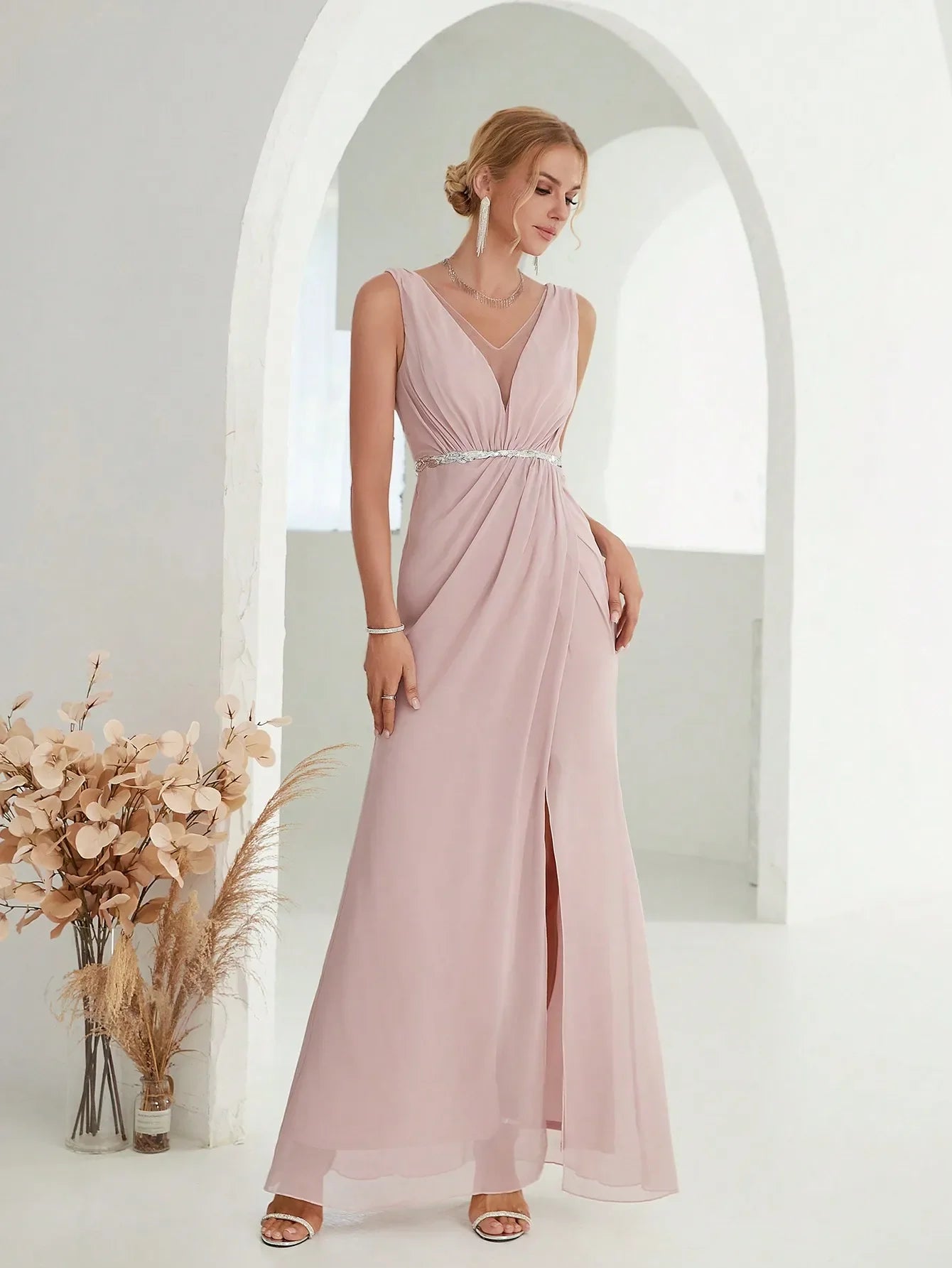 Elegant Dresses - Grecian Draped V-Neck Evening Gown with Rhinestone Belt for Prom