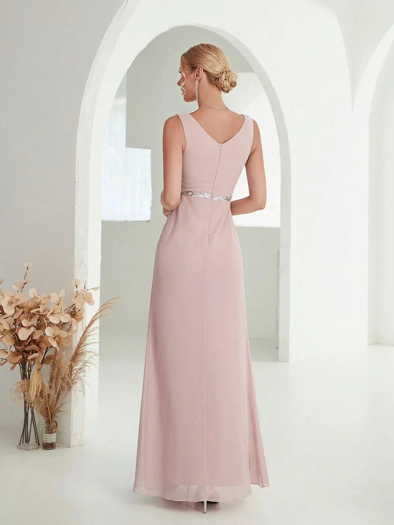 Elegant Dresses - Grecian Draped V-Neck Evening Gown with Rhinestone Belt for Prom