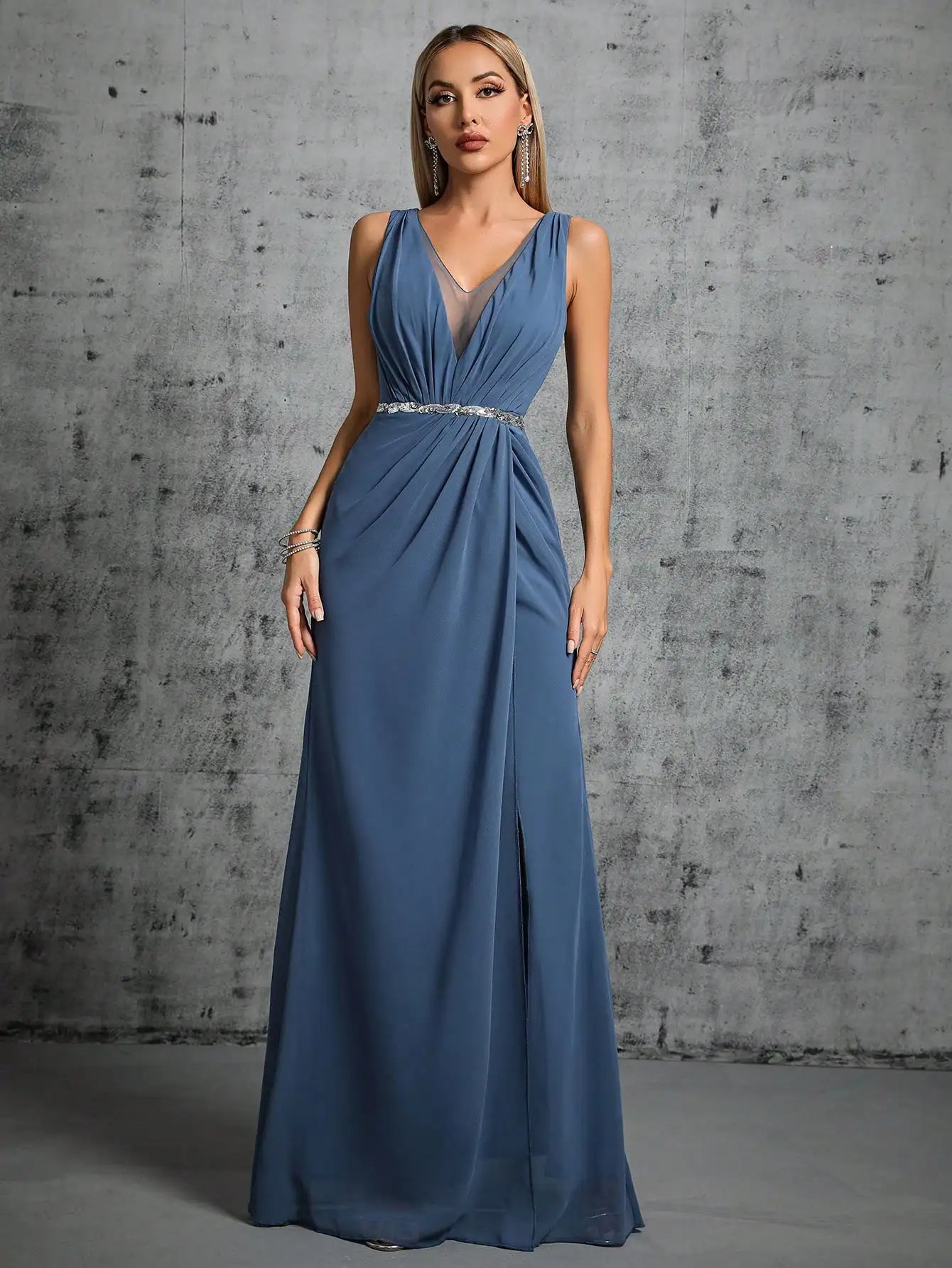 Elegant Dresses - Grecian Draped V-Neck Evening Gown with Rhinestone Belt for Prom