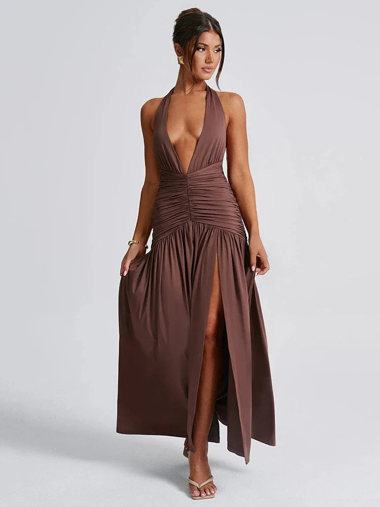 Elegant Dresses- Halter Gown Backless Plunge Slit Maxi Dress for Evening Elegance- - IndioGear.com