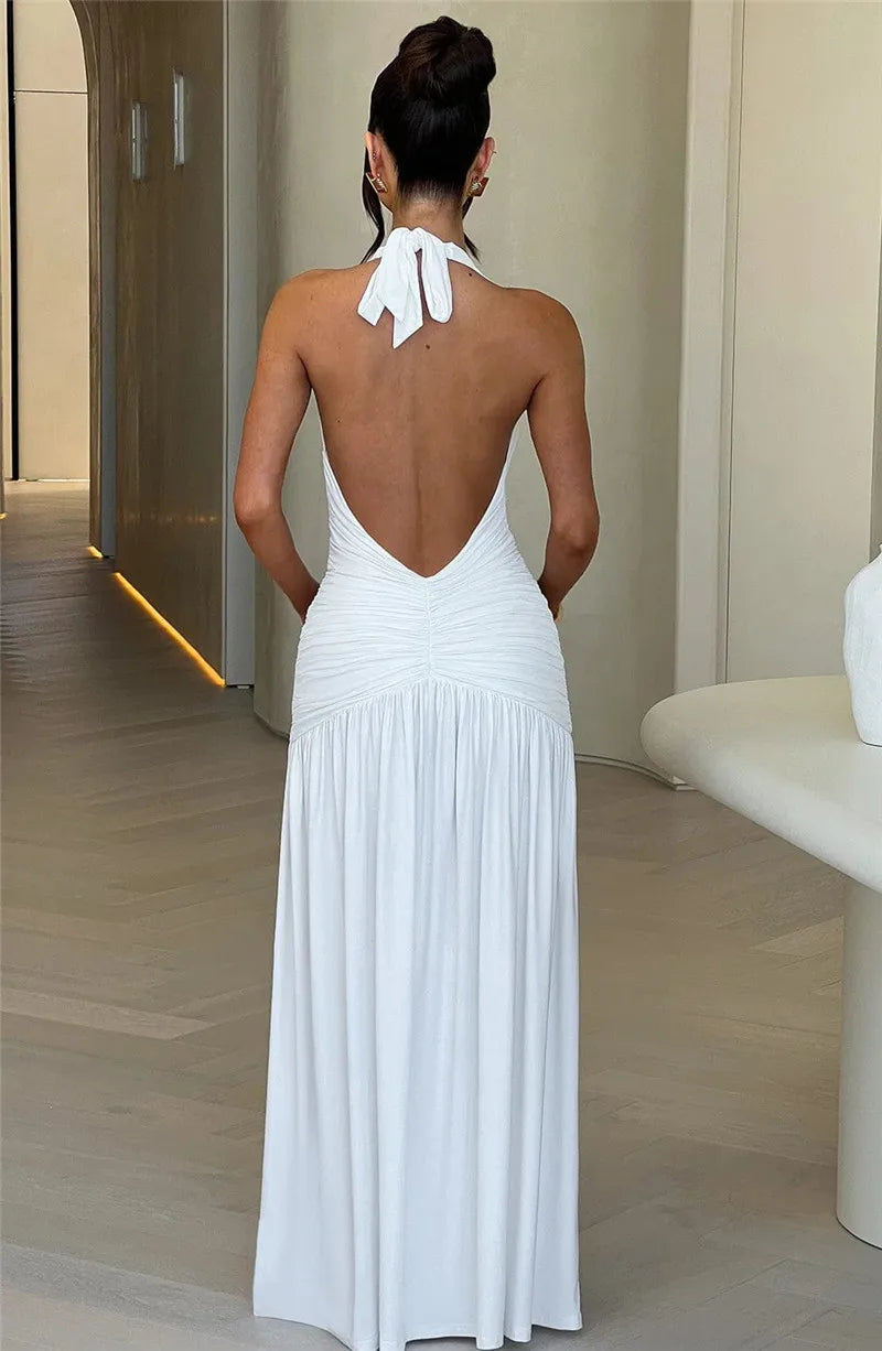 Elegant Dresses- Halter Gown Backless Plunge Slit Maxi Dress for Evening Elegance- - IndioGear.com