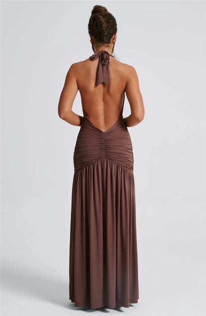 Elegant Dresses- Halter Gown Backless Plunge Slit Maxi Dress for Evening Elegance- - IndioGear.com