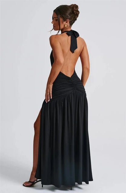 Elegant Dresses- Halter Gown Backless Plunge Slit Maxi Dress for Evening Elegance- - IndioGear.com