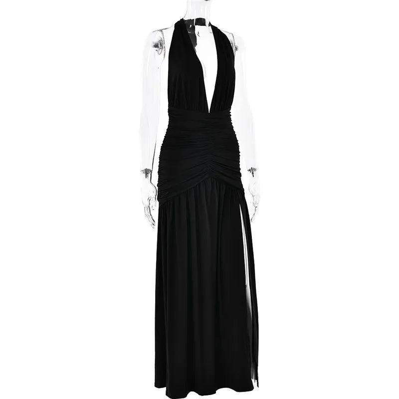 Elegant Dresses- Halter Gown Backless Plunge Slit Maxi Dress for Evening Elegance- - IndioGear.com