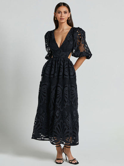 Elegant Dresses- Low Back Floral Lace Overlay Wedding Guest Dress- Black- IndioGear Women Clothing