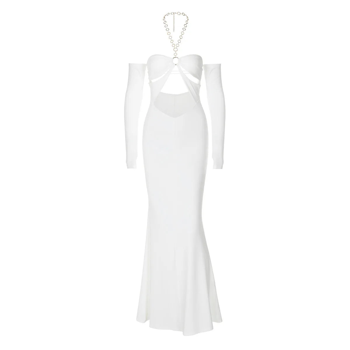 Elegant Dresses- Mermaid Gown with Cutouts - Halter Evening Dress- White- IndioGear.com