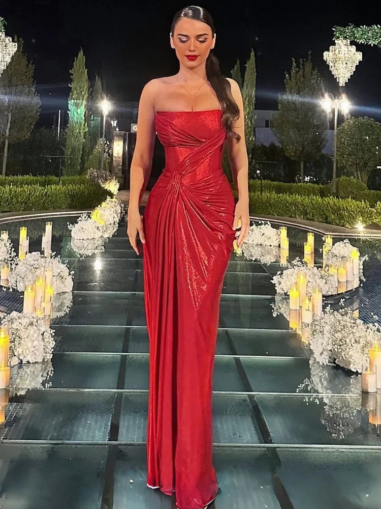 Elegant Dresses - Metallic Red Strapless Gala Gown Elegant Evening Dress