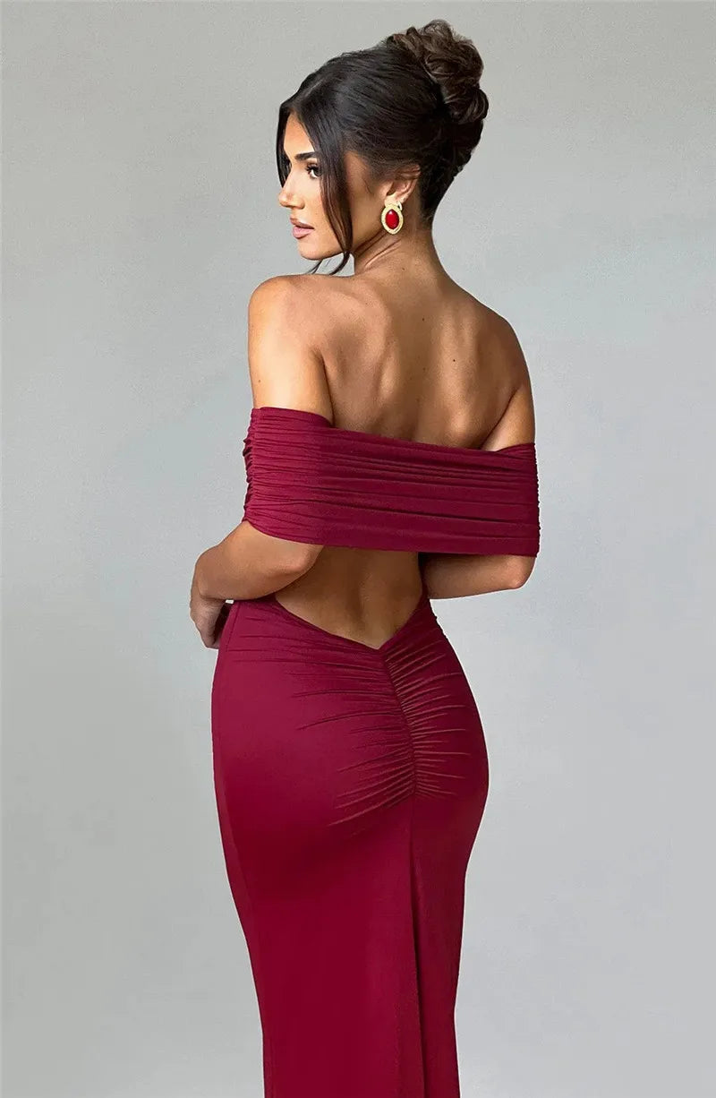 Elegant Dresses- Off-Shoulder Backless Gown - Mermaid Ruched Back Evening Dress- - IndioGear.com