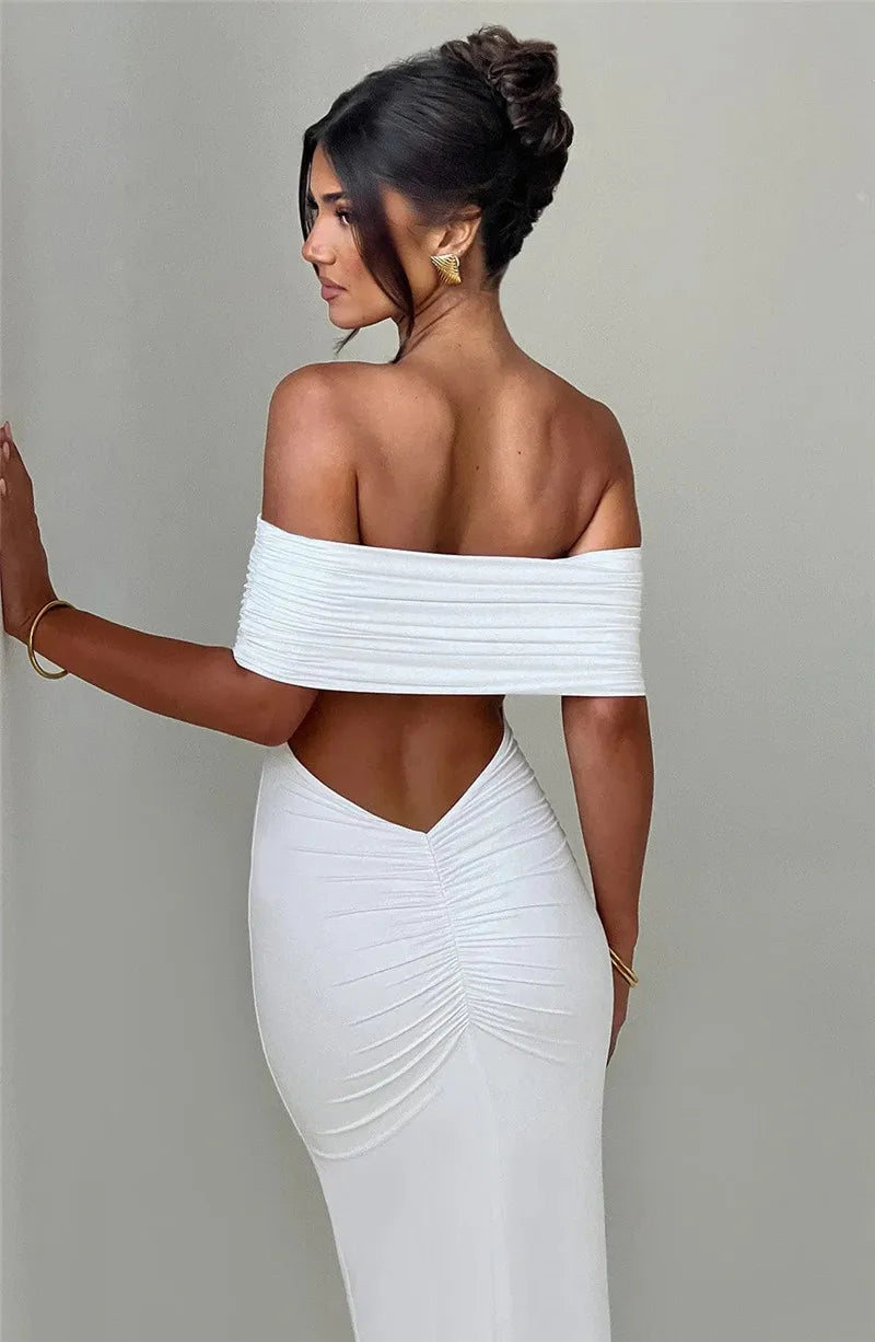 Elegant Dresses- Off-Shoulder Backless Gown - Mermaid Ruched Back Evening Dress- - IndioGear.com