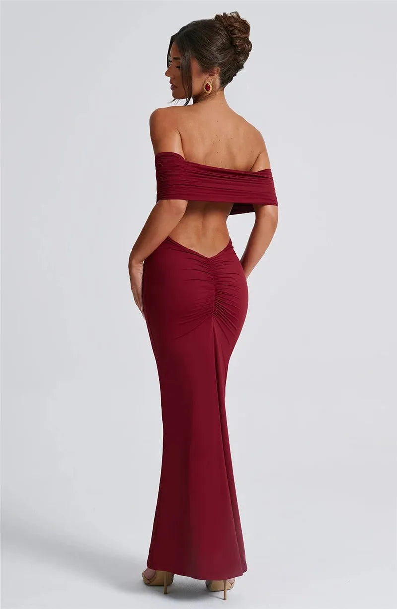 Elegant Dresses- Off-Shoulder Backless Gown - Mermaid Ruched Back Evening Dress- - IndioGear.com