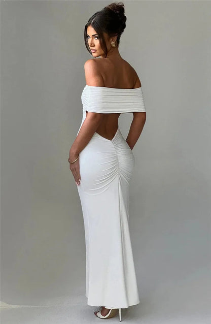 Elegant Dresses- Off-Shoulder Backless Gown - Mermaid Ruched Back Evening Dress- - IndioGear.com