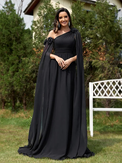 Elegant Dresses- One-Shoulder Gown for Elegant Evening - Draping Chiffon Formal Dress- - Chuzko Women Clothing