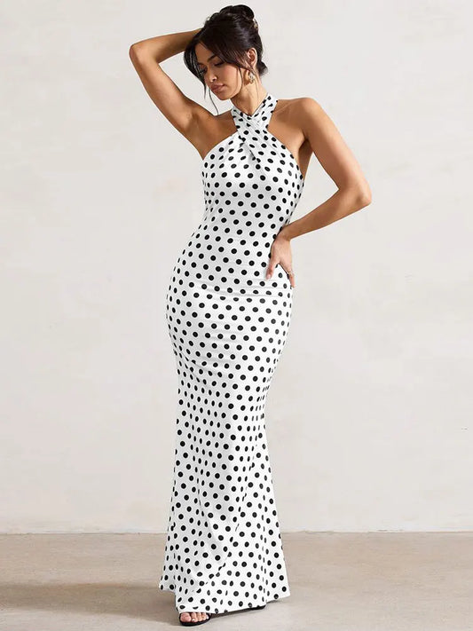 Elegant Dresses- Polka Dot Halter Gown for Women's Wedding - Mermaid Maxi Dress- - Chuzko Women Clothing