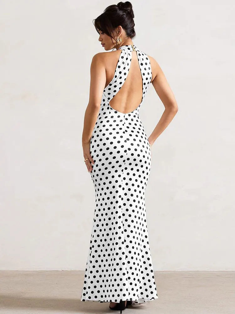 Elegant Dresses- Polka Dot Halter Gown for Women's Wedding - Mermaid Maxi Dress- - Chuzko Women Clothing