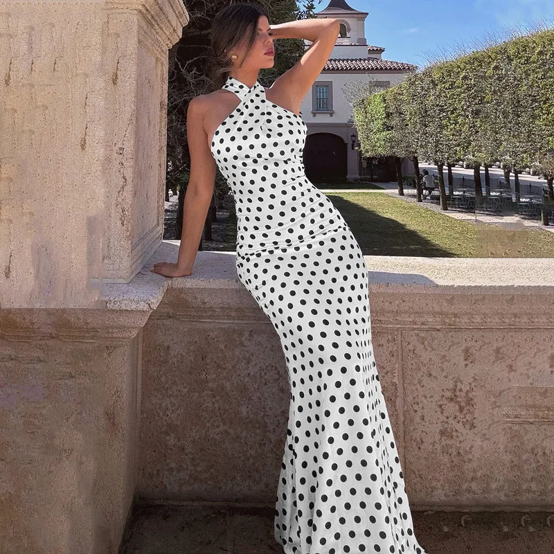 Elegant Dresses- Polka Dot Halter Gown for Women's Wedding - Mermaid Maxi Dress- White- Chuzko Women Clothing