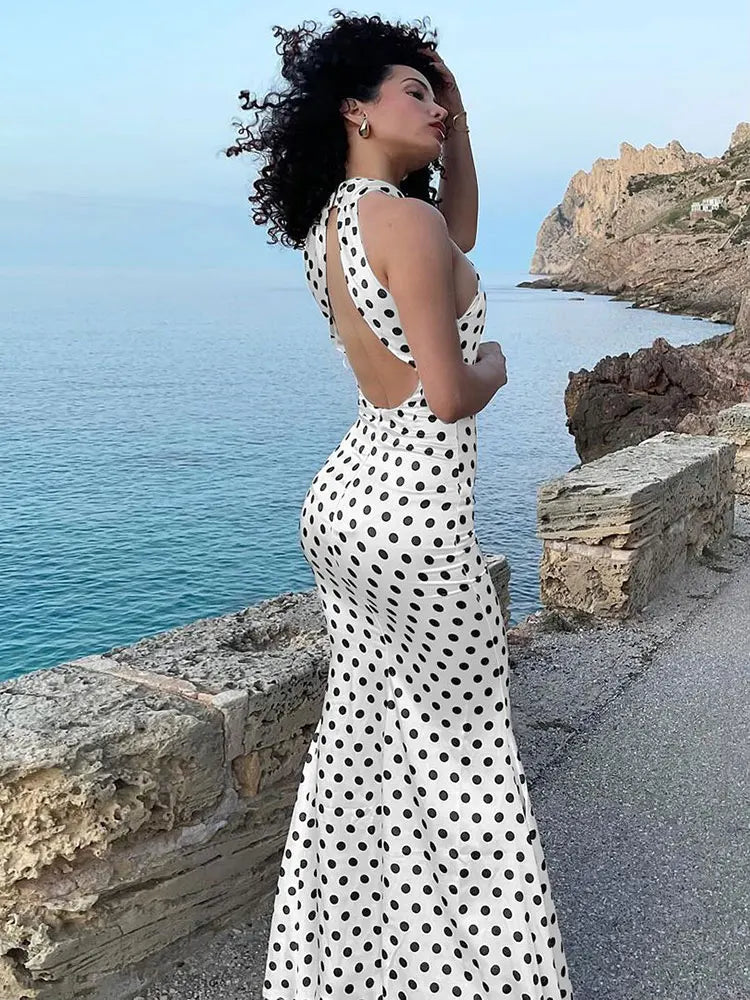 Elegant Dresses- Polka Dot Halter Gown for Women's Wedding - Mermaid Maxi Dress- - Chuzko Women Clothing