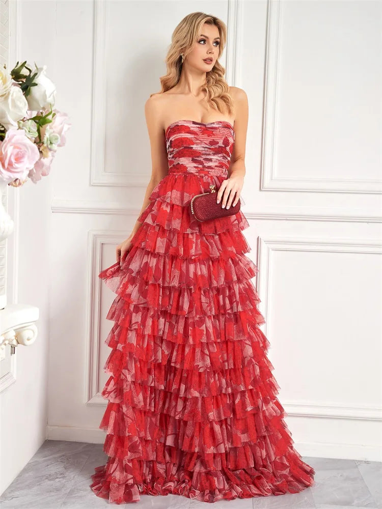 Elegant Dresses- Red Floral Tiered Dress - Chiffon Prom Dress- - Chuzko Women Clothing