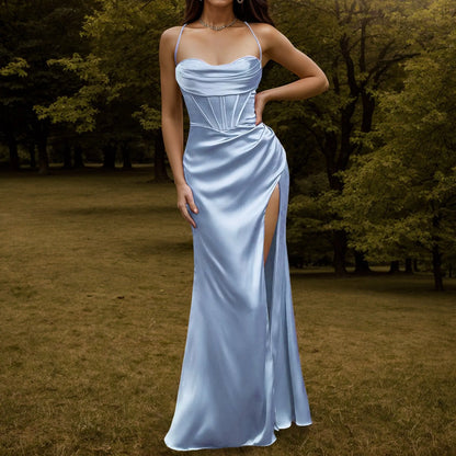 Elegant Dresses- Satin Silk Finish Gown Dress for Gala & Red Carpet Events- Blue- Chuzko Women Clothing