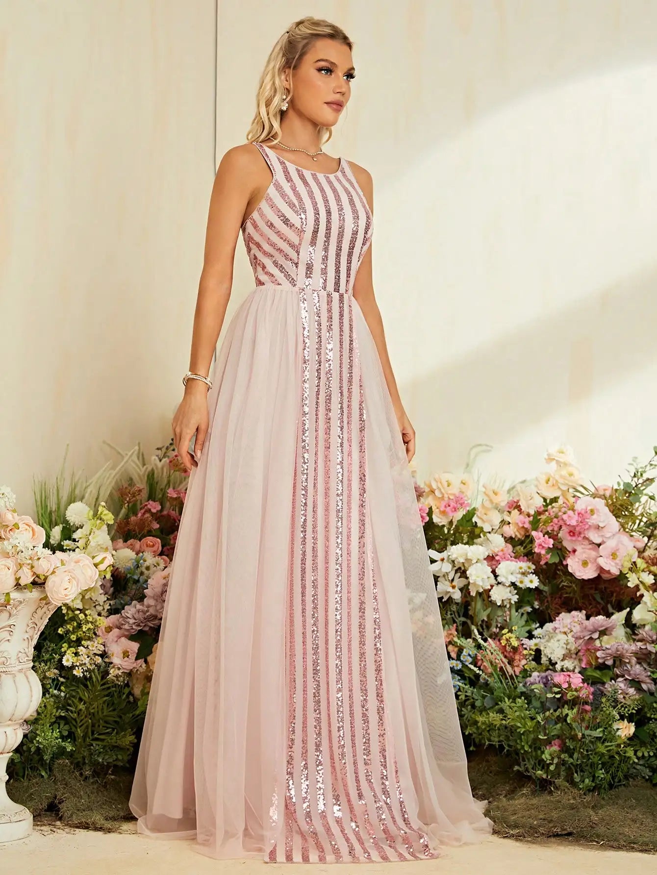 Elegant Dresses - Sequin Gown Blush Pink Tulle Dress for Elegant Weddings