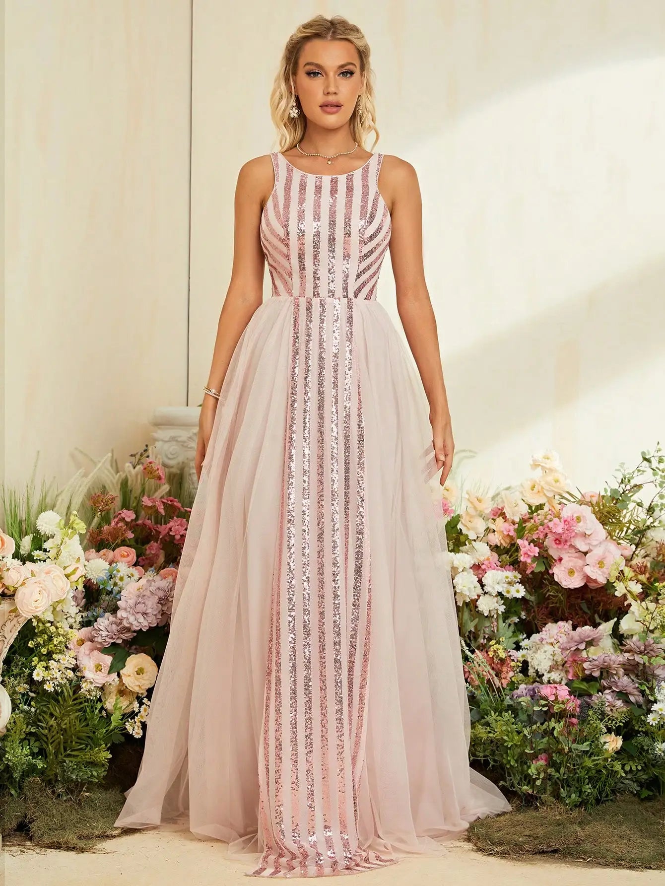 Elegant Dresses - Sequin Gown Blush Pink Tulle Dress for Elegant Weddings