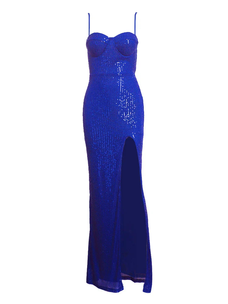 Elegant Dresses- Sequined Sweetheart Evening Gown Thigh-High Slit Dress- Blue- IndioGear.com