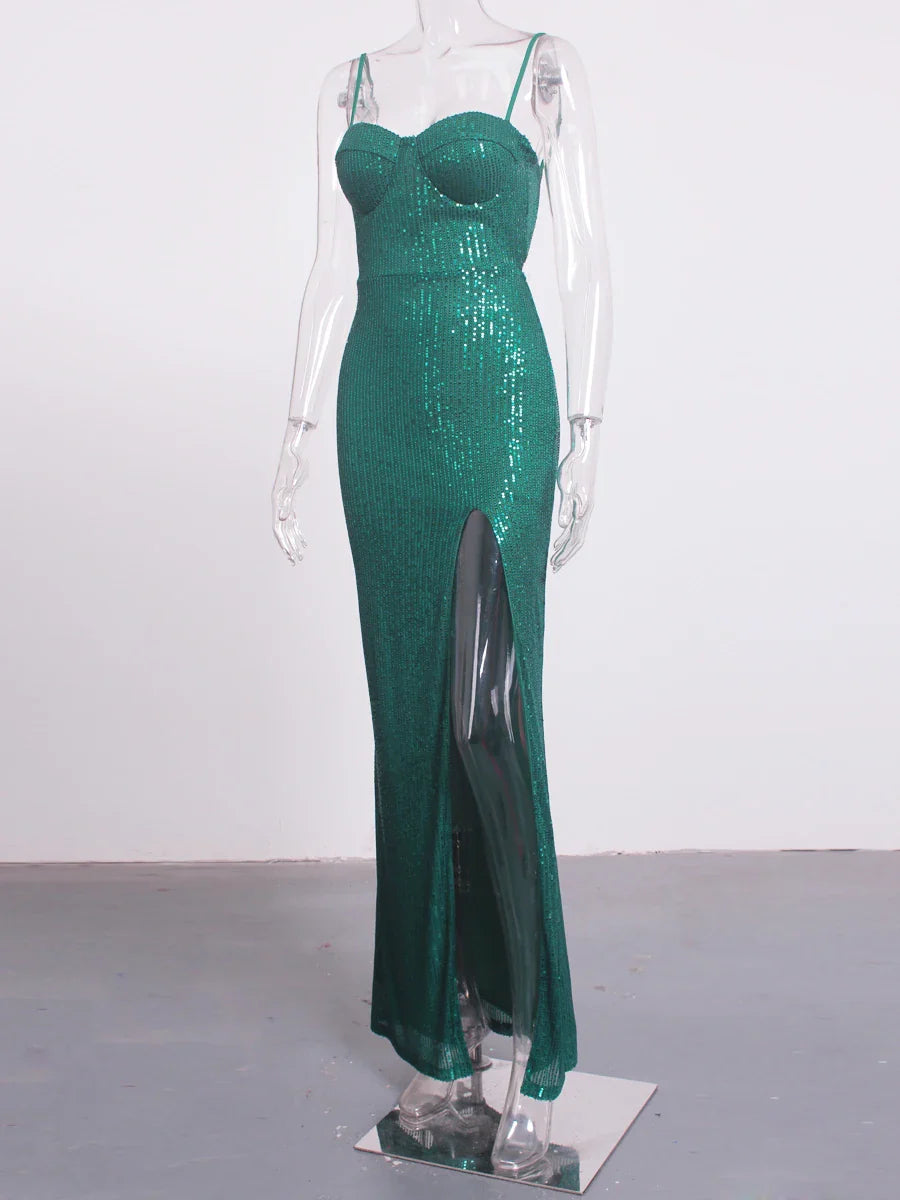 Elegant Dresses- Sequined Sweetheart Evening Gown Thigh-High Slit Dress- Green- IndioGear.com