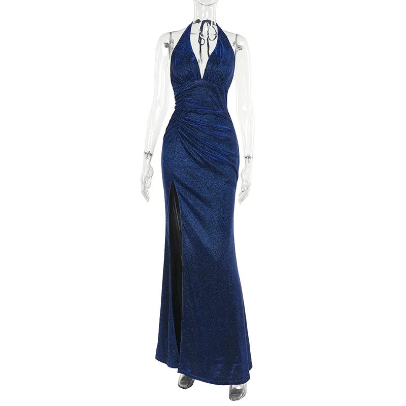 Elegant Dresses- Sparkle Halter V-Neck Mermaid Gown - Elegant Slit Evening Dress- - IndioGear.com