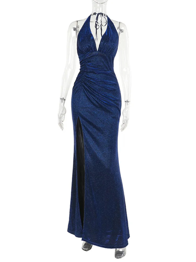 Elegant Dresses- Sparkle Halter V-Neck Mermaid Gown - Elegant Slit Evening Dress- - IndioGear.com