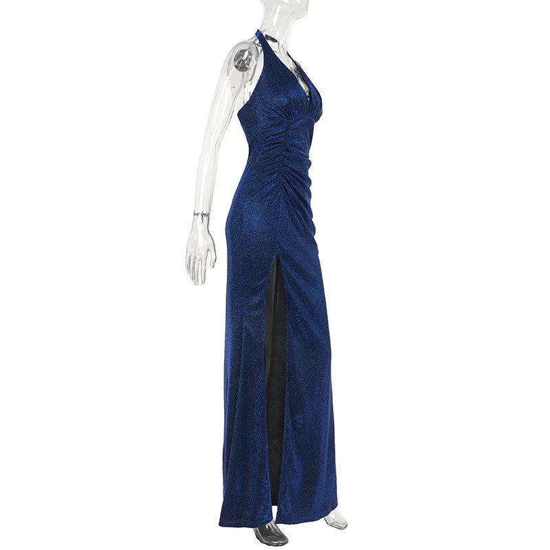 Elegant Dresses- Sparkle Halter V-Neck Mermaid Gown - Elegant Slit Evening Dress- - IndioGear.com