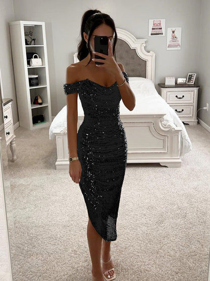 Elegant Dresses- Sparkly Party Off-Shoulder Starter Dress- - IndioGear.com