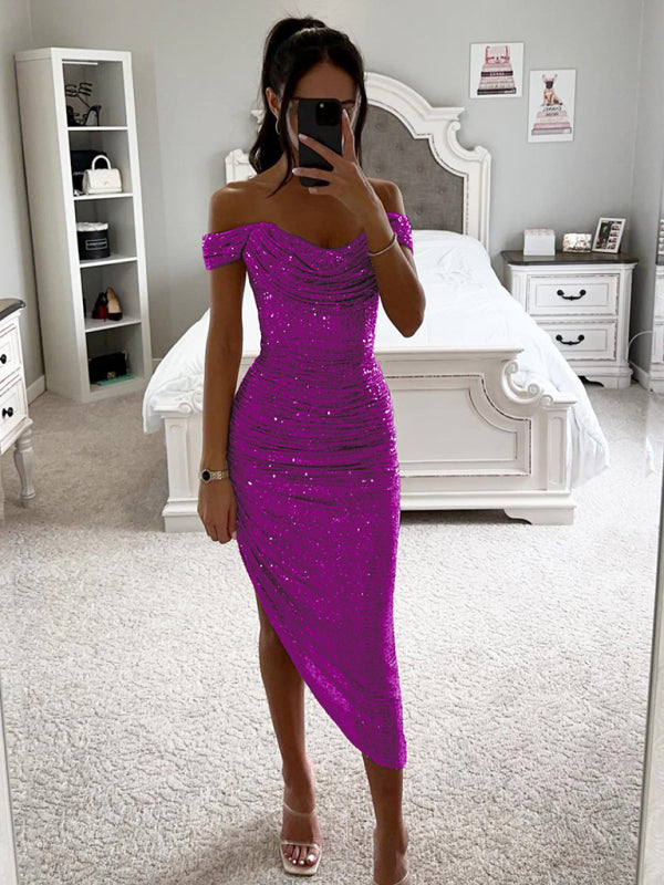 Elegant Dresses- Sparkly Party Off-Shoulder Starter Dress- Violet- IndioGear.com