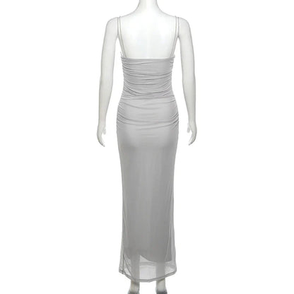 Elegant Dresses- Square-Neck Mesh Evening Gown for Gala & Wedding Events- - Chuzko Women Clothing