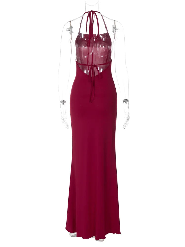 Elegant Dresses- Strappy-Back Evening Elegance Halter Maxi Dress- - IndioGear.com