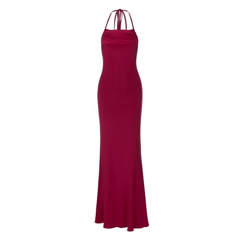 Elegant Dresses- Strappy-Back Evening Elegance Halter Maxi Dress- - IndioGear.com