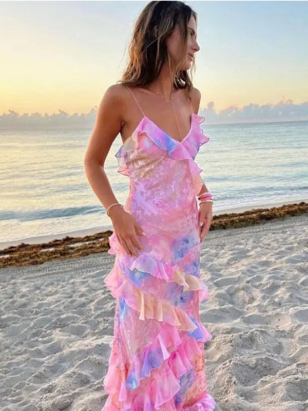 Elegant Dresses- Summer Stunner Elegant Textured Floral Maxi Dress with Overlapping Ruffle- - IndioGear Fashion and Gear