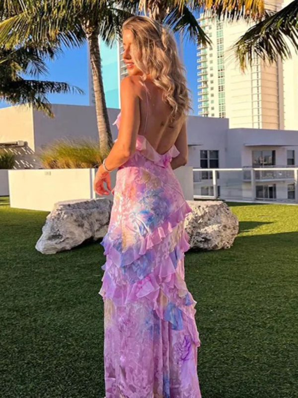 Elegant Dresses- Summer Stunner Elegant Textured Floral Maxi Dress with Overlapping Ruffle- - IndioGear Fashion and Gear