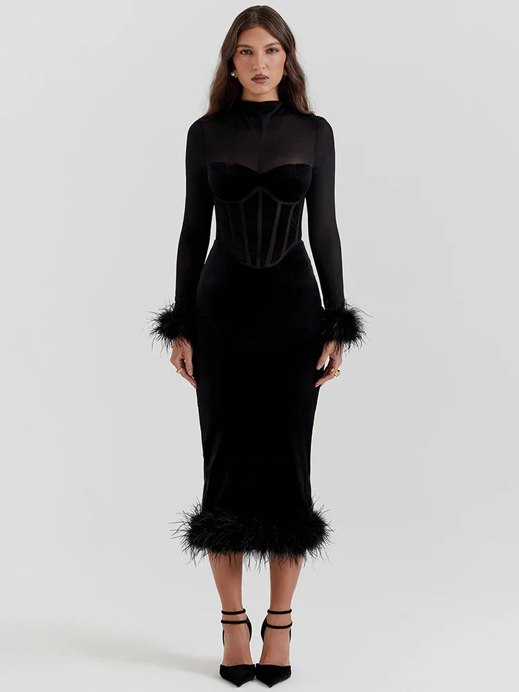 Elegant Dresses - Velvet Feather-Trim Midi Dress Cocktail Gown