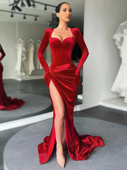 Elegant Dresses- Velvet Gown Evening Dress for Winter Galas- Red- IndioGear.com