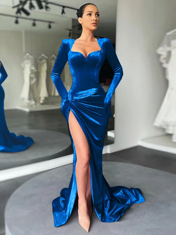 Elegant Dresses- Velvet Gown Evening Dress for Winter Galas- Blue- IndioGear.com