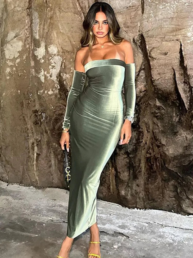 Elegant Dresses- Versatile Velvet Evening Midi Dress with Detachable Sleeves- Green- IndioGear.com