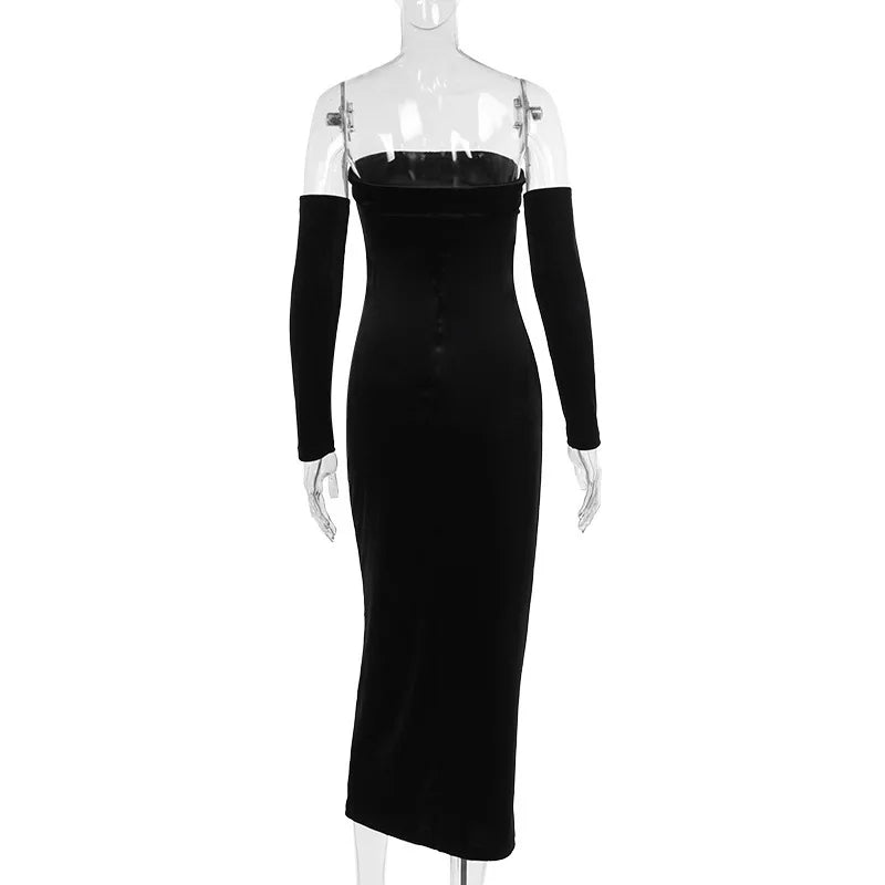 Elegant Dresses- Versatile Velvet Evening Midi Dress with Detachable Sleeves- - IndioGear.com