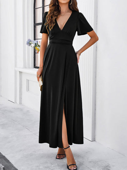 Elegant Dresses- Women Elegant A-Line Slit Maxi Dress for Wedding Guests- Black- IndioGear.com