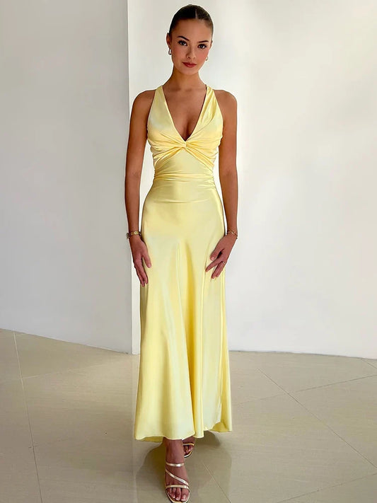 Elegant Dresses- Women Elegant Satin Evening Gown for Weddings- Yellow- IndioGear.com